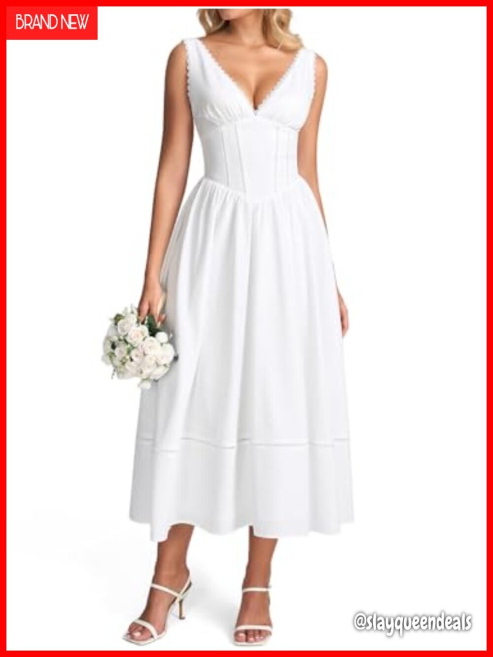 Floral Corset Midi Dress V Neck Lace Trim A Line Wedding Guest